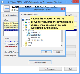choose a location to save the converted DBX files.