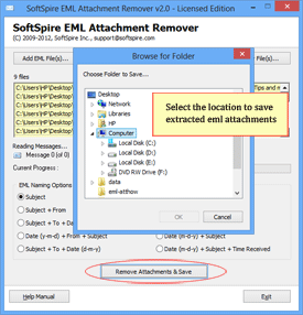 Select the location to save EML files on completion of attachment removal process