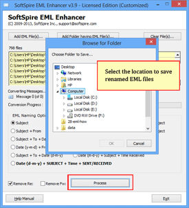 Select the location to save renamed eml files