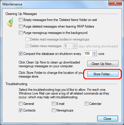 Identificar o Windows Live Mail, Pasta de Armazenamento