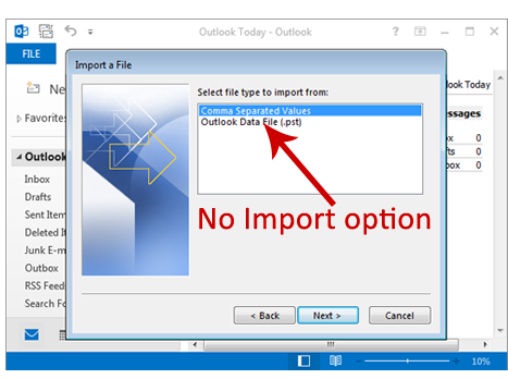 Outlook has no import option